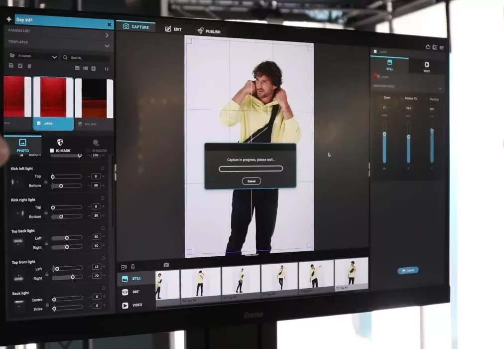 Interfaz de software de Orbitvu para capturar y editar fotos con modelo en vivo