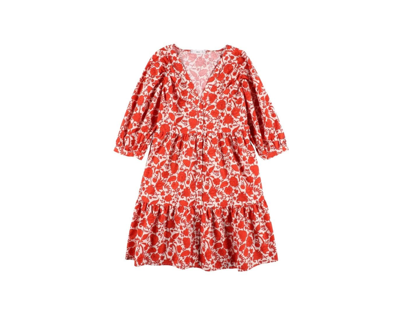 Vestido escalonado con estampado floral rojo y blanco para mujer