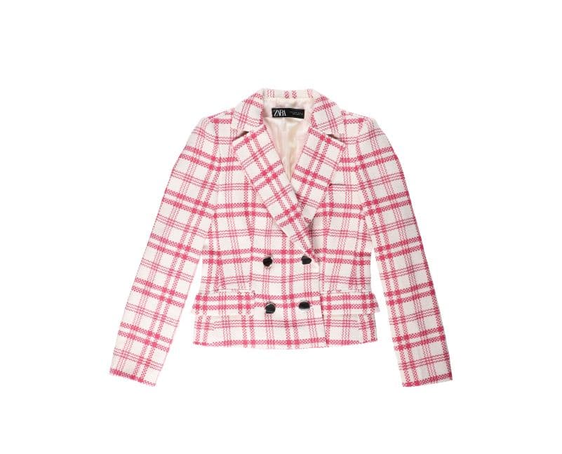 Blazer cruzada de cuadros rosa y blanco para mujer