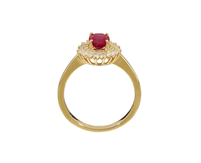 Anillo halo de oro amarillo con rubí ovalado y diamantes