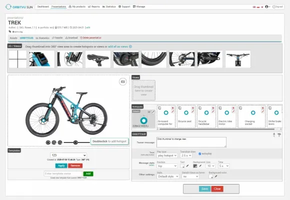 Interfaz del software Orbitvu para una vista de bicicleta en 360°
