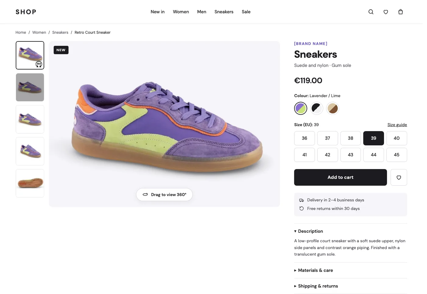 Página de producto de una zapatilla con giro 360°