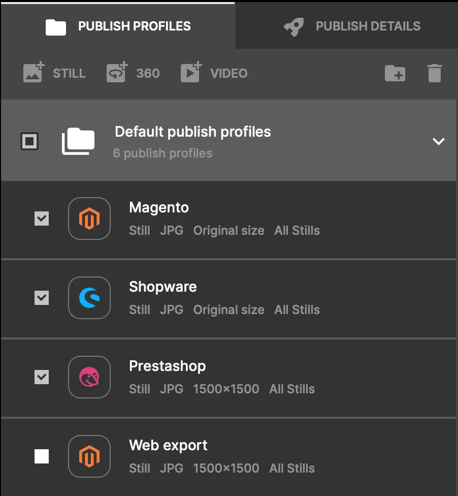 Perfiles de publicación de Orbitvu Station para Magento, Shopware y PrestaShop