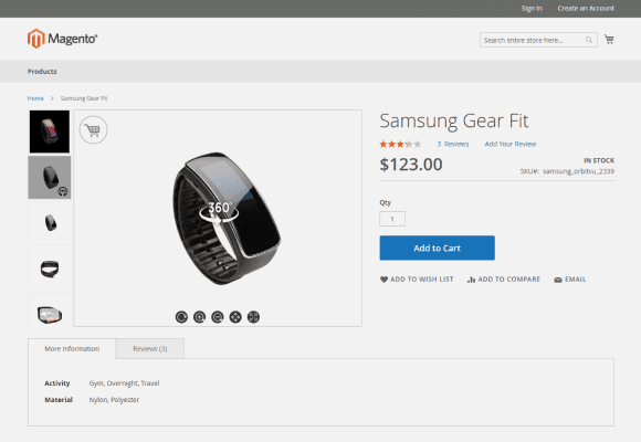 Página de producto de Samsung Gear Fit con vista 360° en Magento