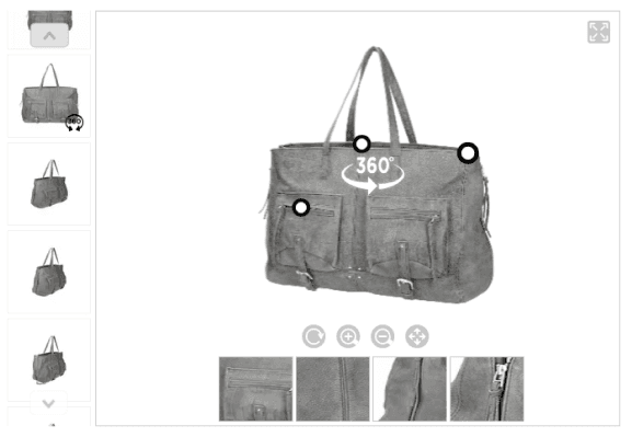Vista giratoria de producto en 360° de un bolso de cuero gris