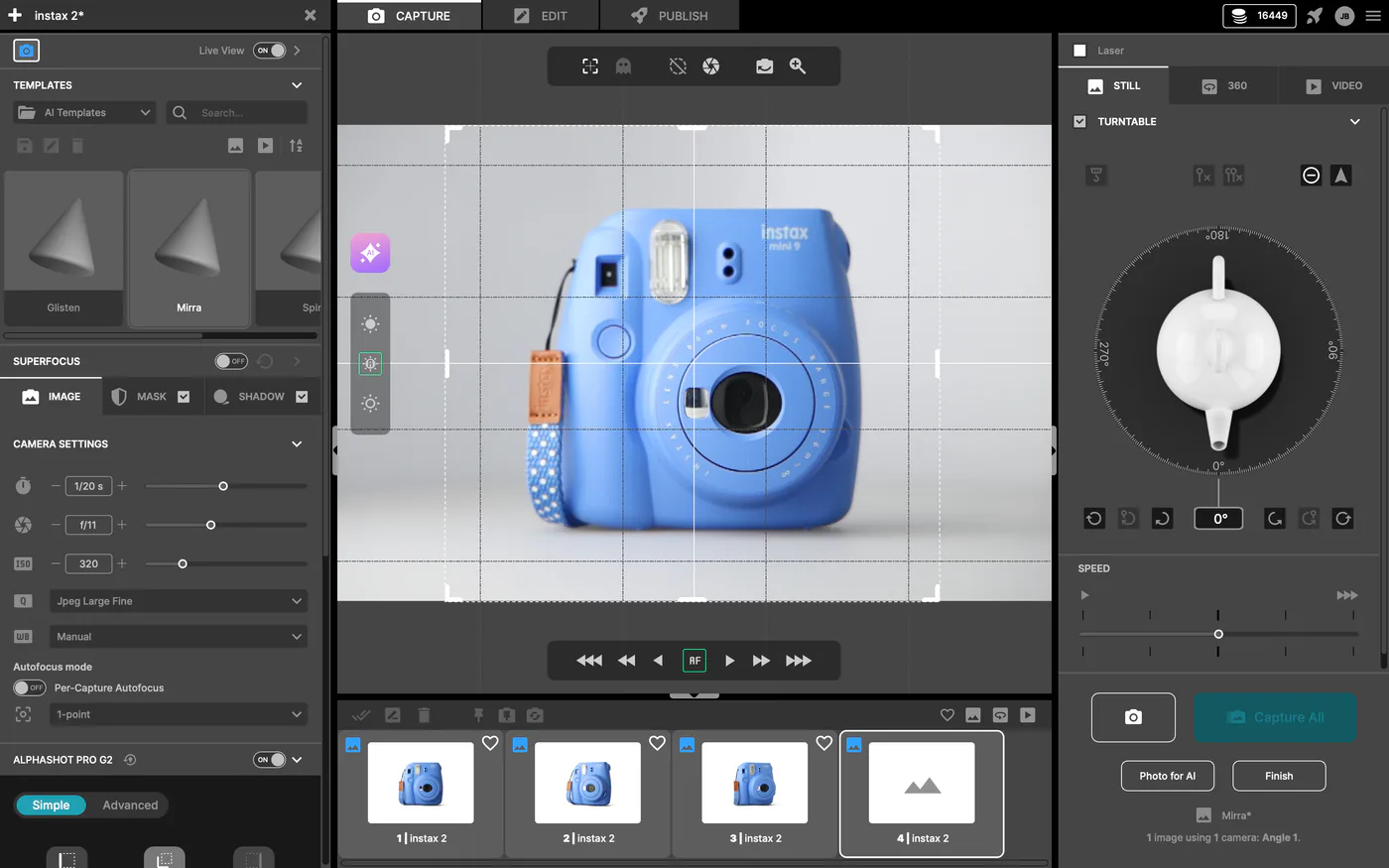 Interfaz del software de fotografía de producto Orbitvu Station