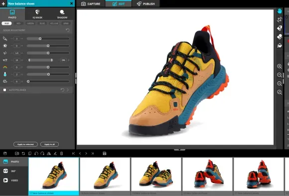 Interfaz de edición de imagen para zapatillas New Balance Trail amarillas