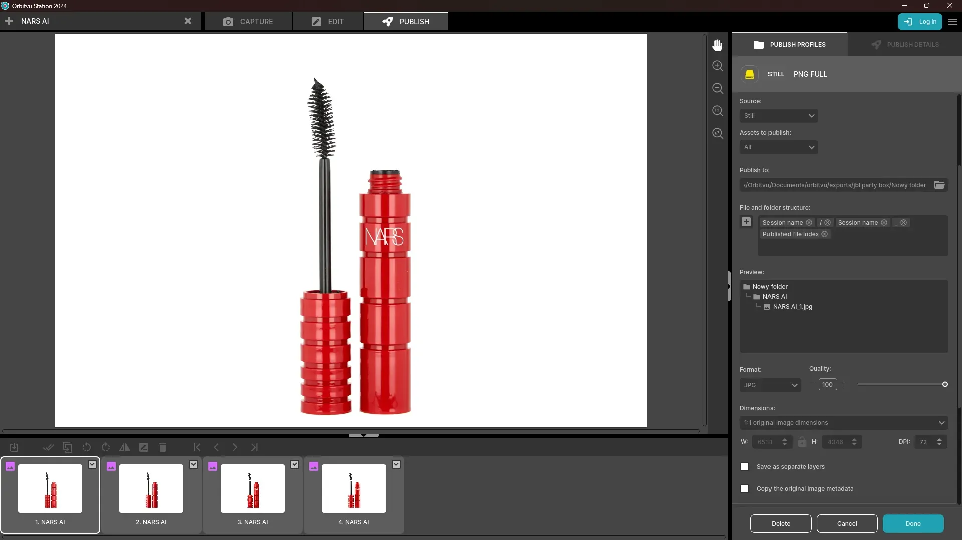 Configuración de exportación de fotos de máscara NARS en el software de fotografía de producto