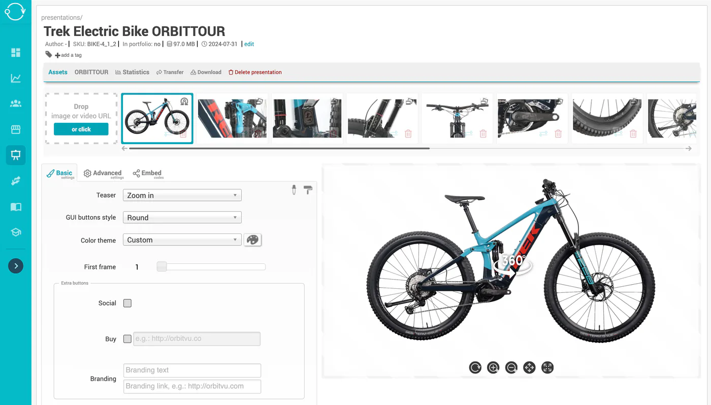 Editor de presentaciones de producto de Orbitvu Cloud con un giro 360° de una bicicleta