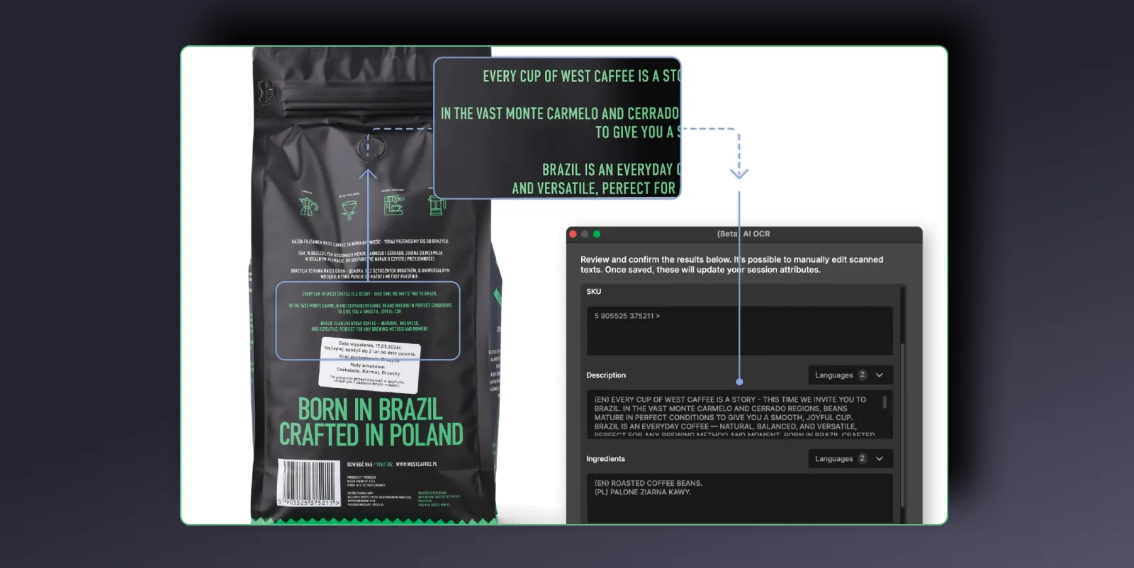 AI OCR en Orbitvu Station leyendo el SKU, la descripción y los ingredientes del envase de un producto hacia los atributos de sesión