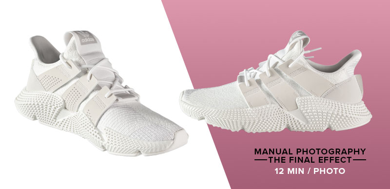 infographic: white adidas shoe  - product photography manual vs automated